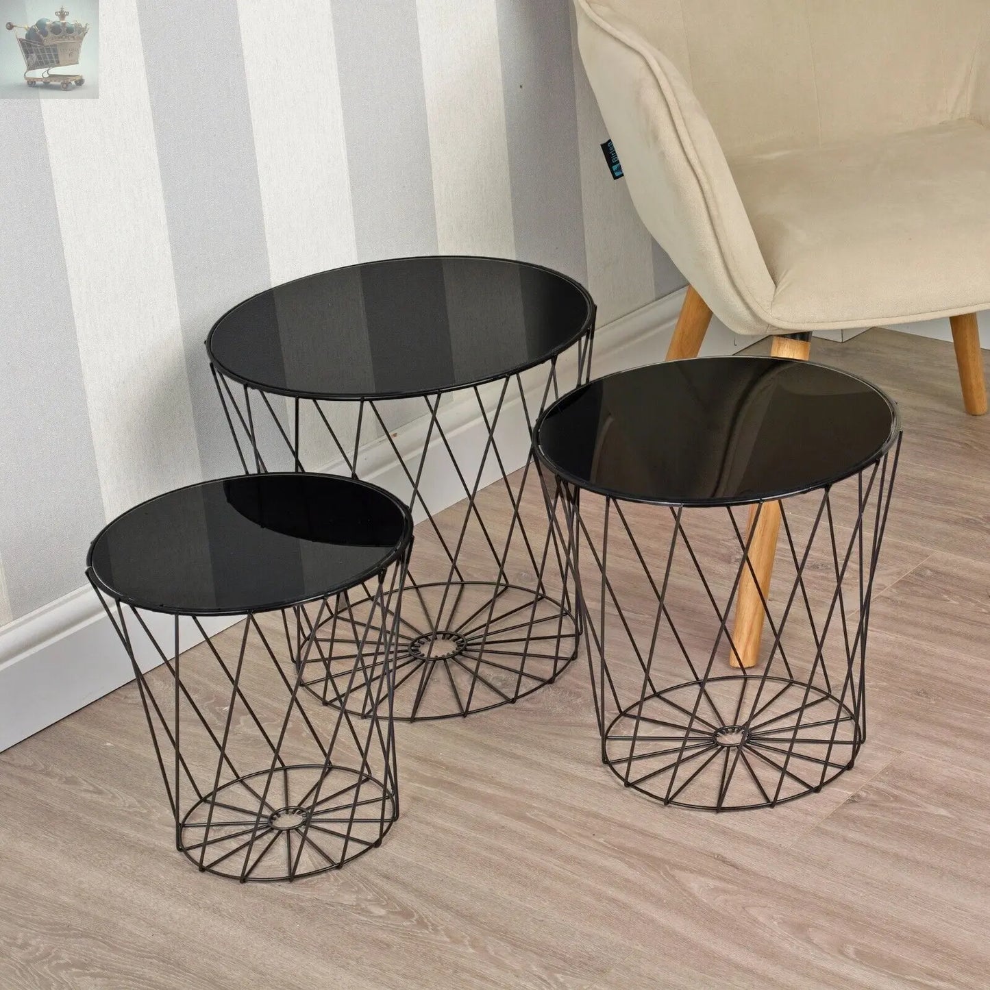 3 Pcs Round Side End Coffee Tables Stand Set Black Glass Top Metal Frame Nesting Royalcart