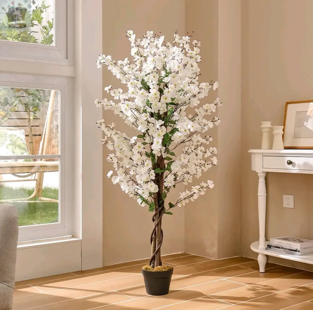 5ft Artificial Cherry Blossom Tree 150cm White Wintersweet Flowers Plant in Pot - Royalcart