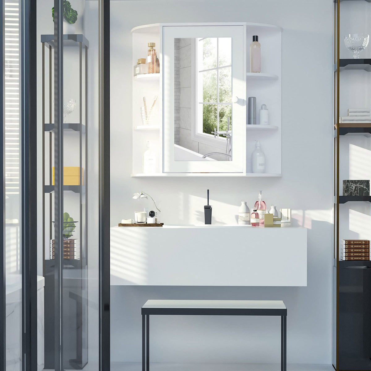 Wall Mounted Bathroom Cabinet with Mirror Single Door Storage Organizer 2-tier Inner Shelves White Royalcart