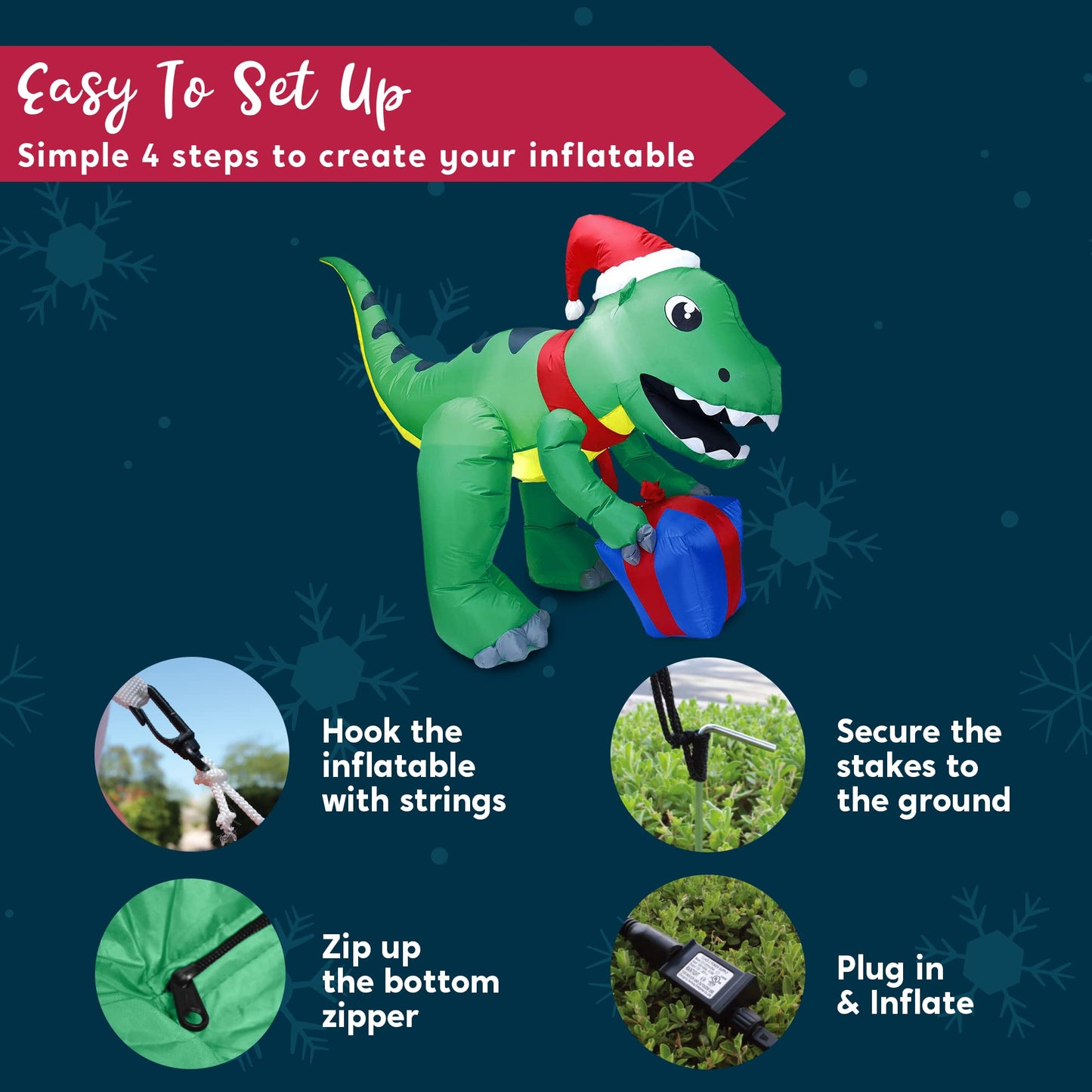 5ft Tall Dinosaur Christmas Inflatable Decoration, Blow Up Dinosaur with Gift Box Inflatable Build-in LEDs