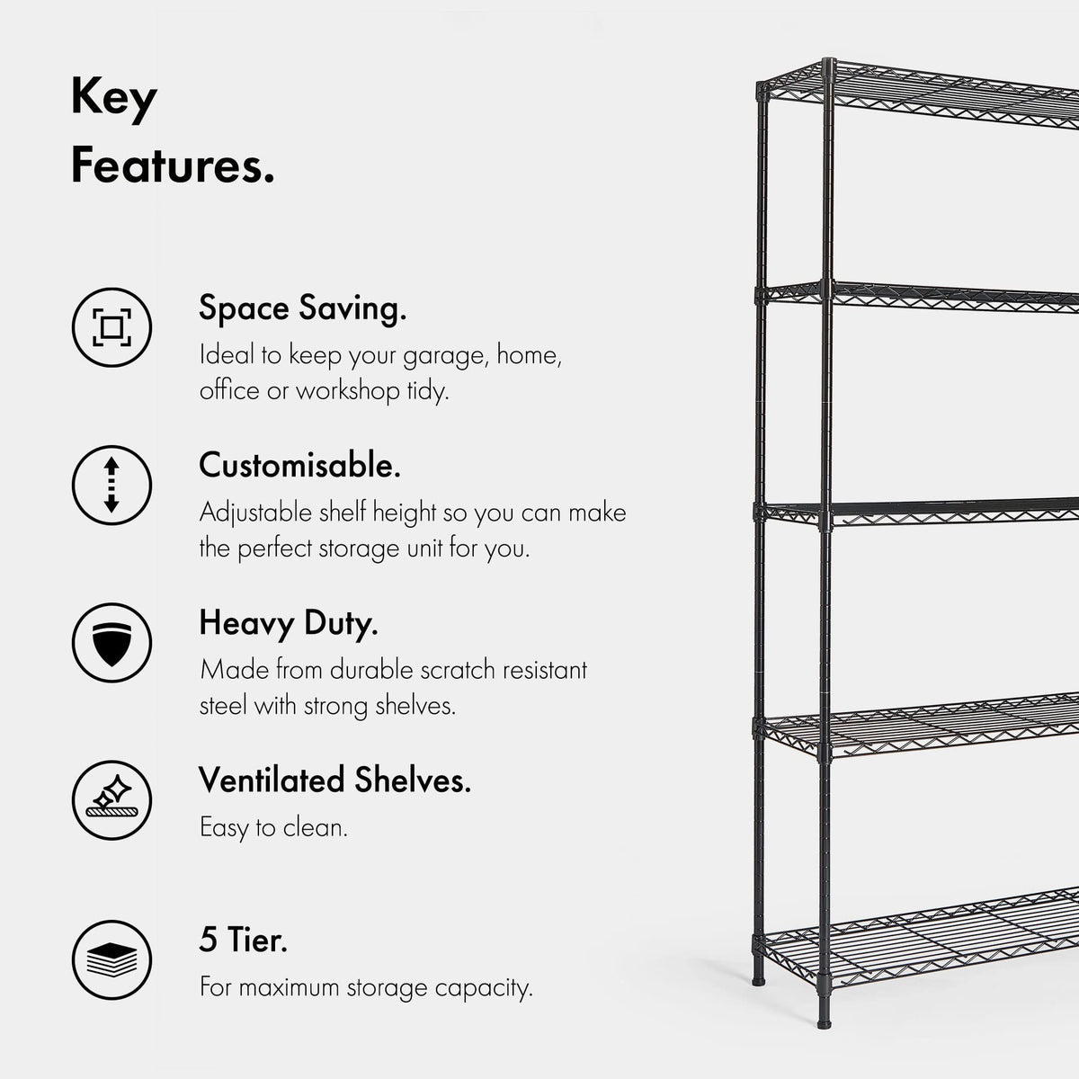 5 Tier Wire Shelving Unit for Storage - 170x80x30cm Royalcart