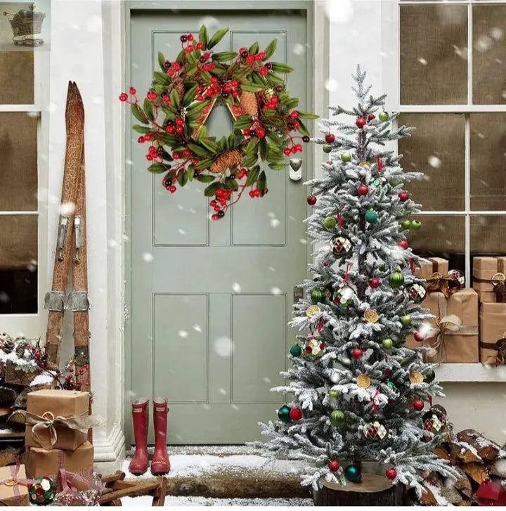 19 Inch Artificial Christmas Wreath - Front Door Holiday Decor, Festive Evergreen Fake Wreath