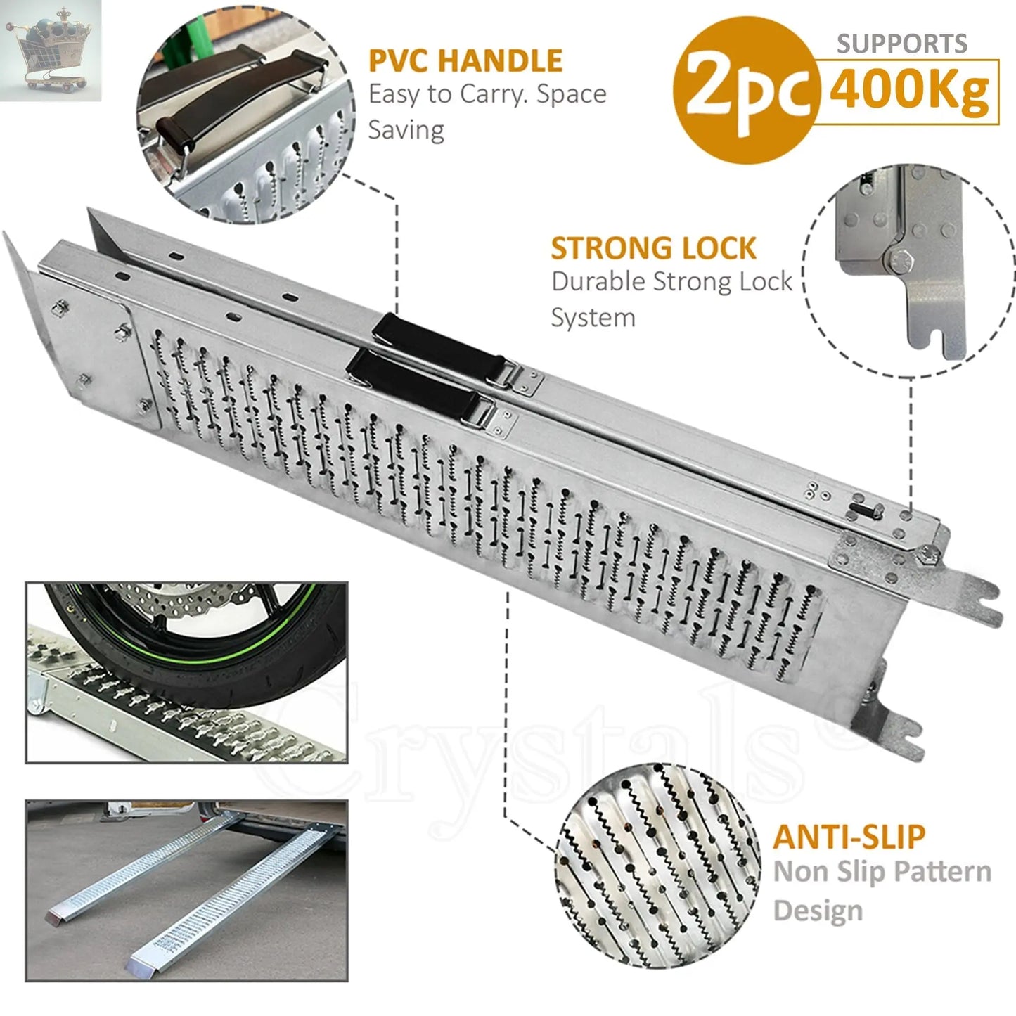 Heavy Duty Folding Ramps Galvanized Non-Slip Foldable Steel Access Ramps for Motorcycle, Car, Bike, Van & Accessible Vehicles - Max Loading Capacity 400 Kg Royalcart