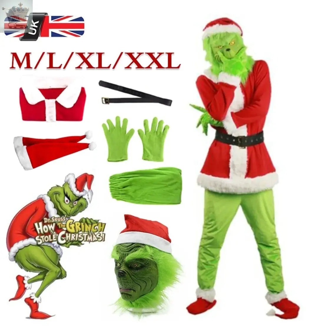 Mens adult Christmas The Grinch Costume Cosplay Santa Fancy Mask Royalcart