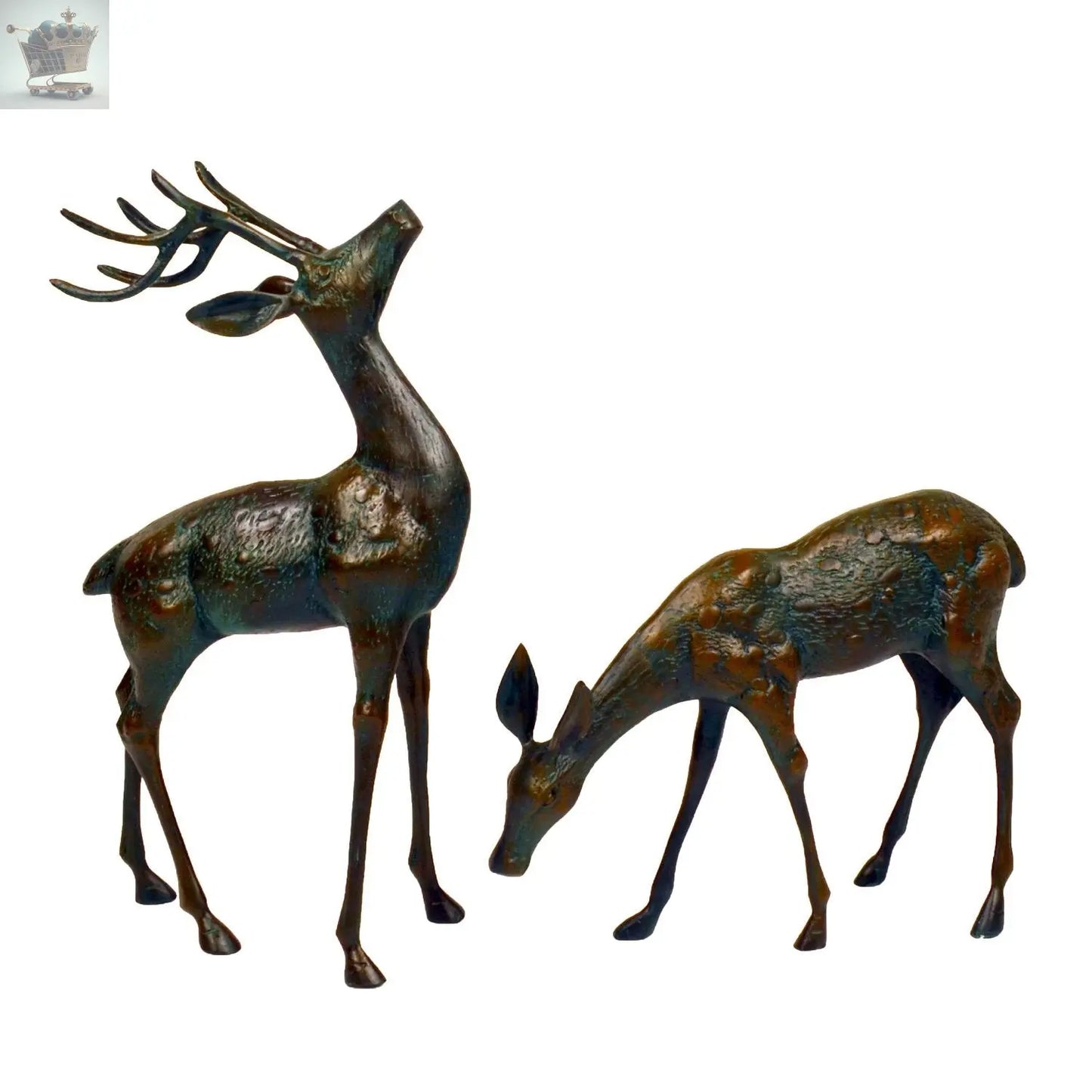 Pair of Bronzed Deer Stag and Doe Garden Ornaments with antique bronze finish Royalcart