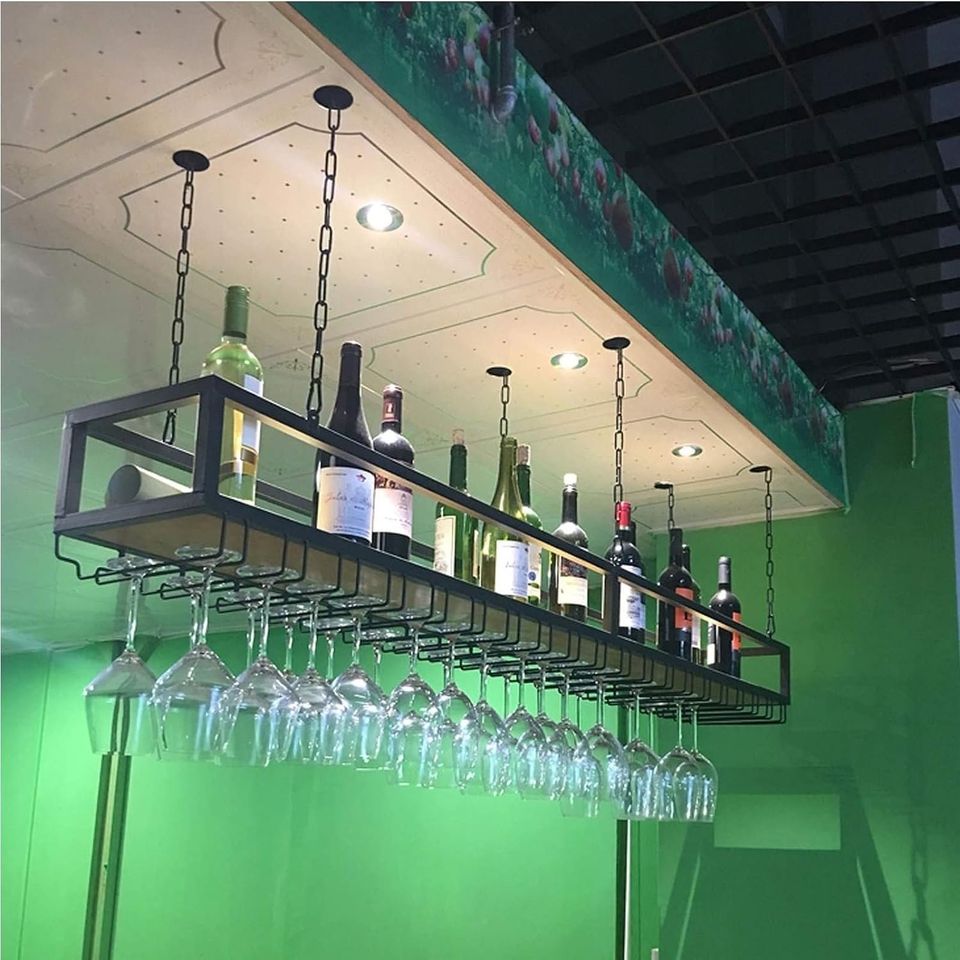 Hanging Wine Rack Metal Ceiling Wine Glass Rack Bar Unit Floating Shelves Industrial