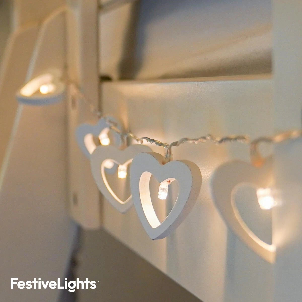 1.5m Battery Wooden Love Heart Warm White LED Indoor Fairy String Wire Lights