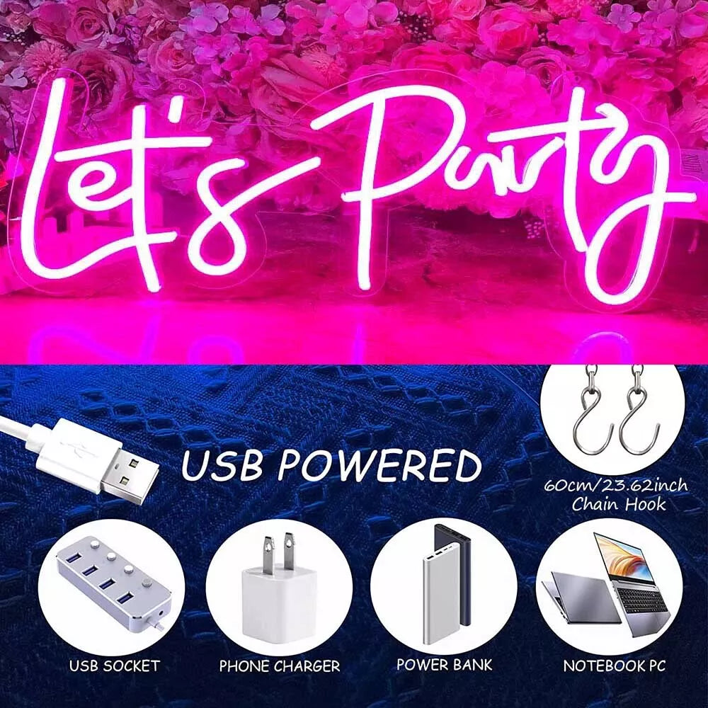 Let's Party LED Neon Sign Lights Hanging Display Light Wall Bar Wedding Decor UK