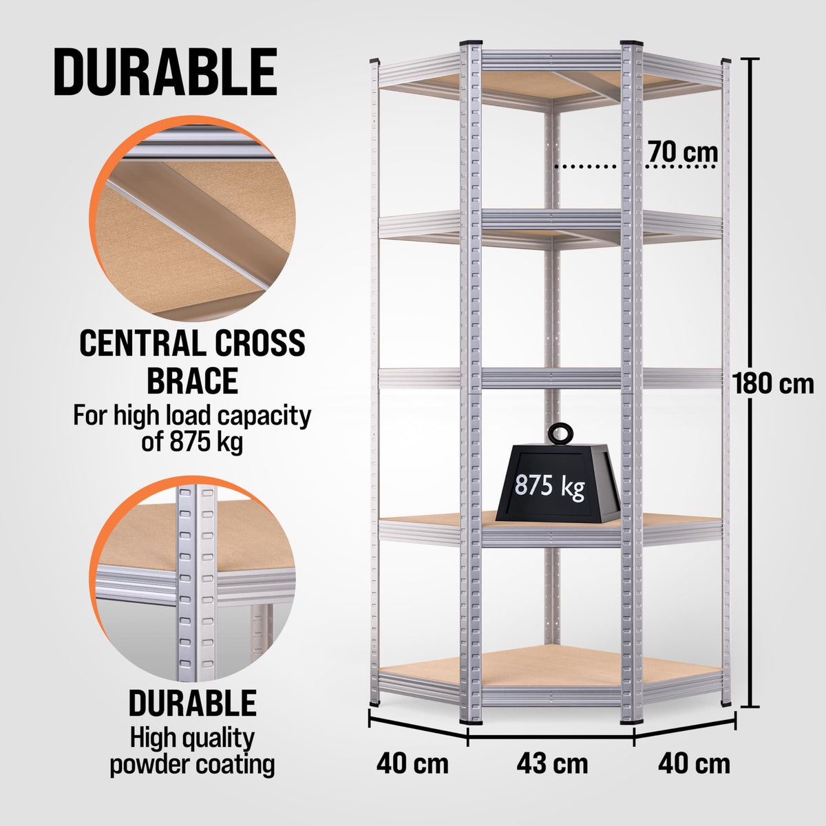 Corner Shelf 5-Tier Heavy Duty Garage Shelving 180x70x40cm Metal Shelving Units