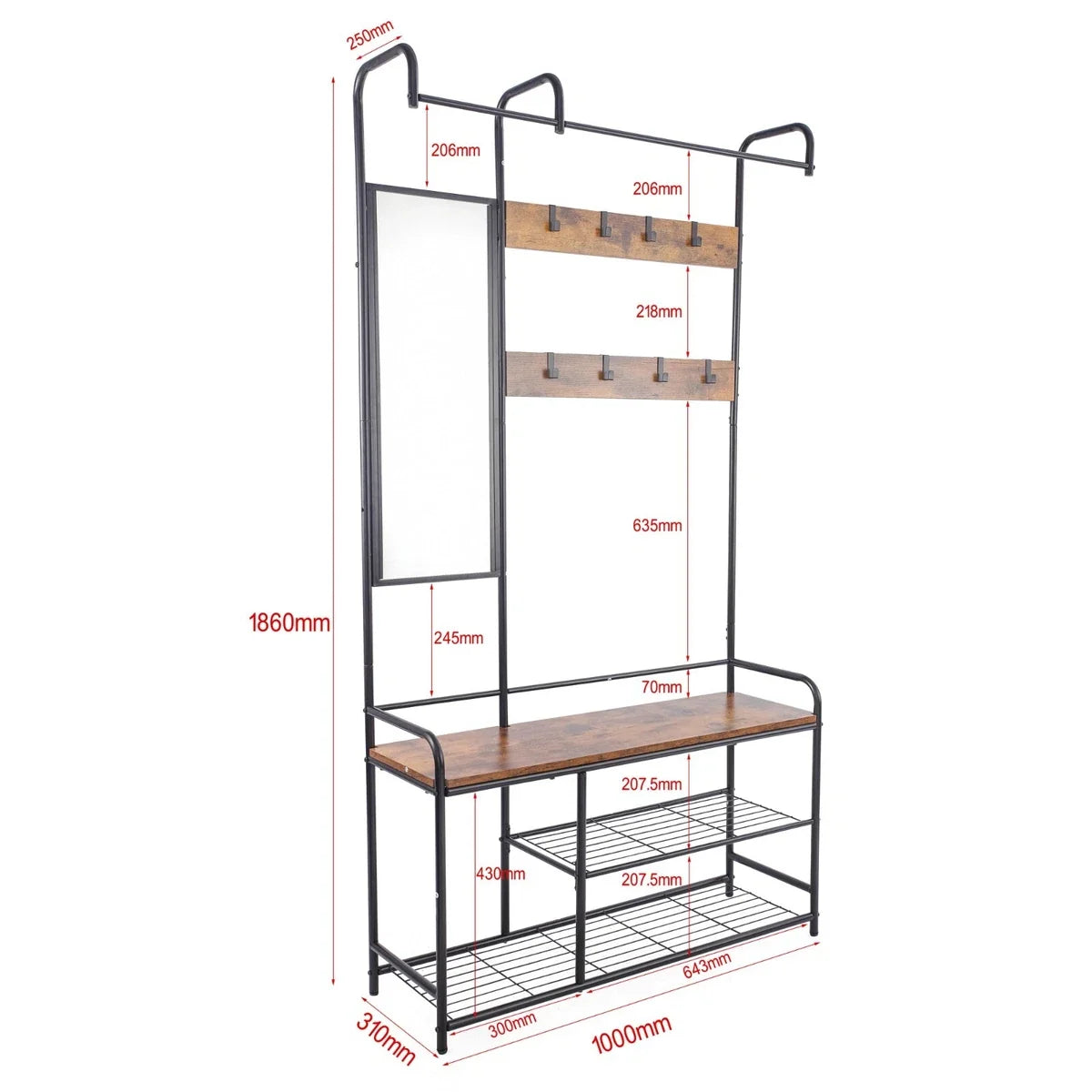 Entryway Hallway Coat Hanger Stand & Shoe Bench Storage Display Rack with Mirror