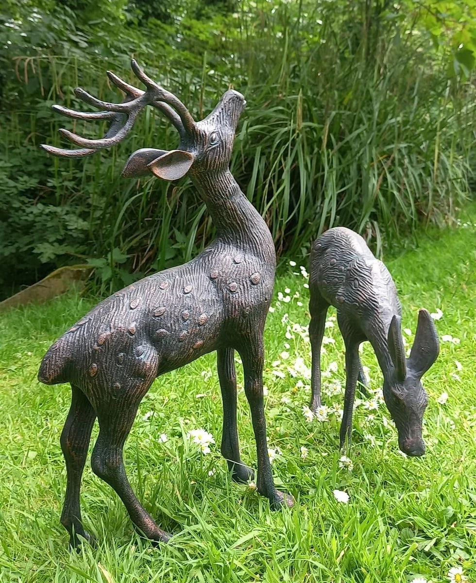 Medium Stag and Doe Deer Garden sculptures cast in Aluminium with aged finish