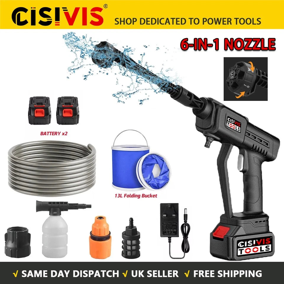Car Washer Cordless Pressure Washer Jet Portable Water Cleaner Gun+2Battery