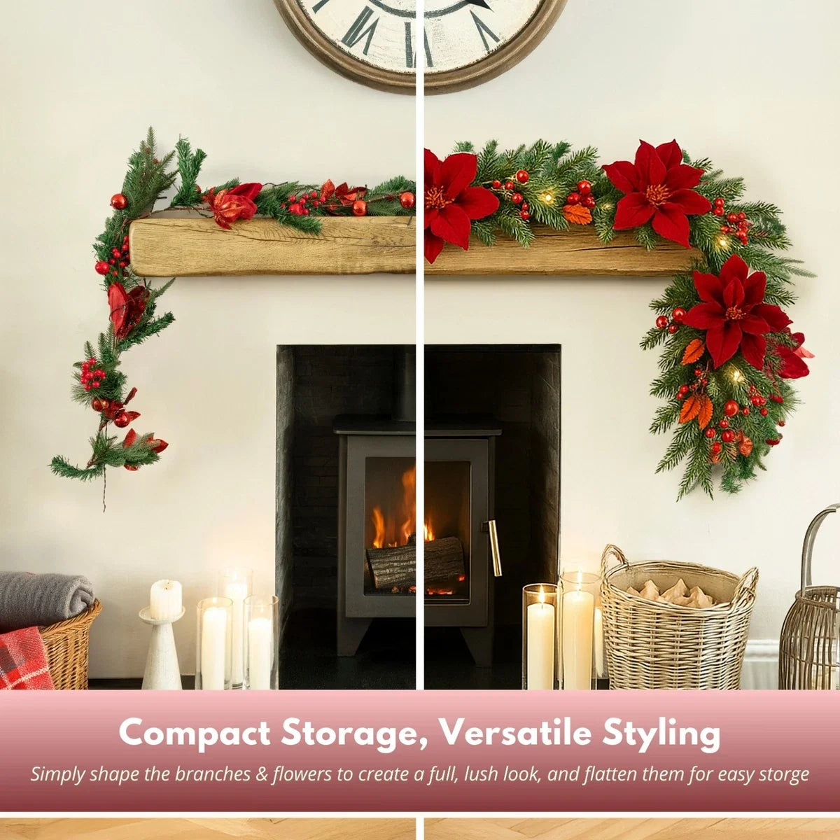 Christmas Light Up Garland 9ft Artificial Luxury Red Poinsettia Warm White LED's