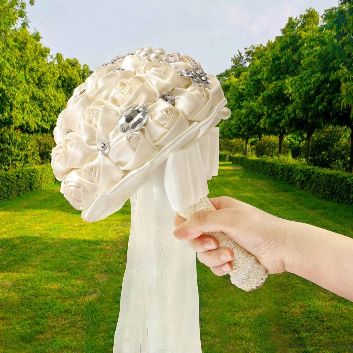 Fouriding Hand Made Diamond Pearl Satin Roses Bridesmaid Bridal Artificial