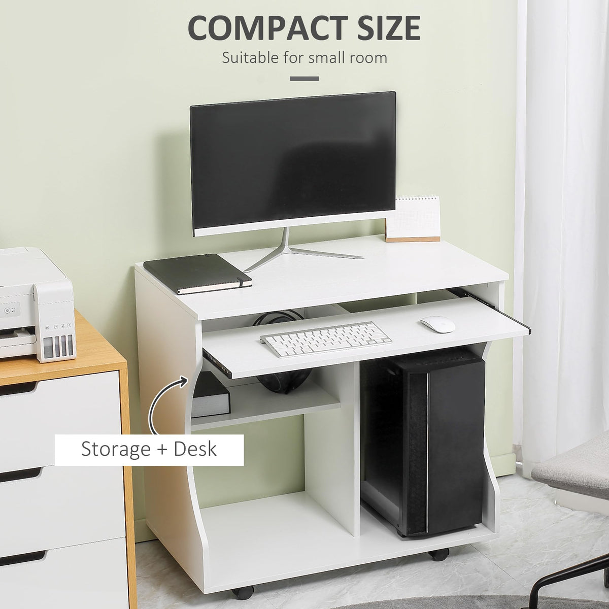 Computer Desk with Sliding Keyboard Tray, Mobile Home Office Desk