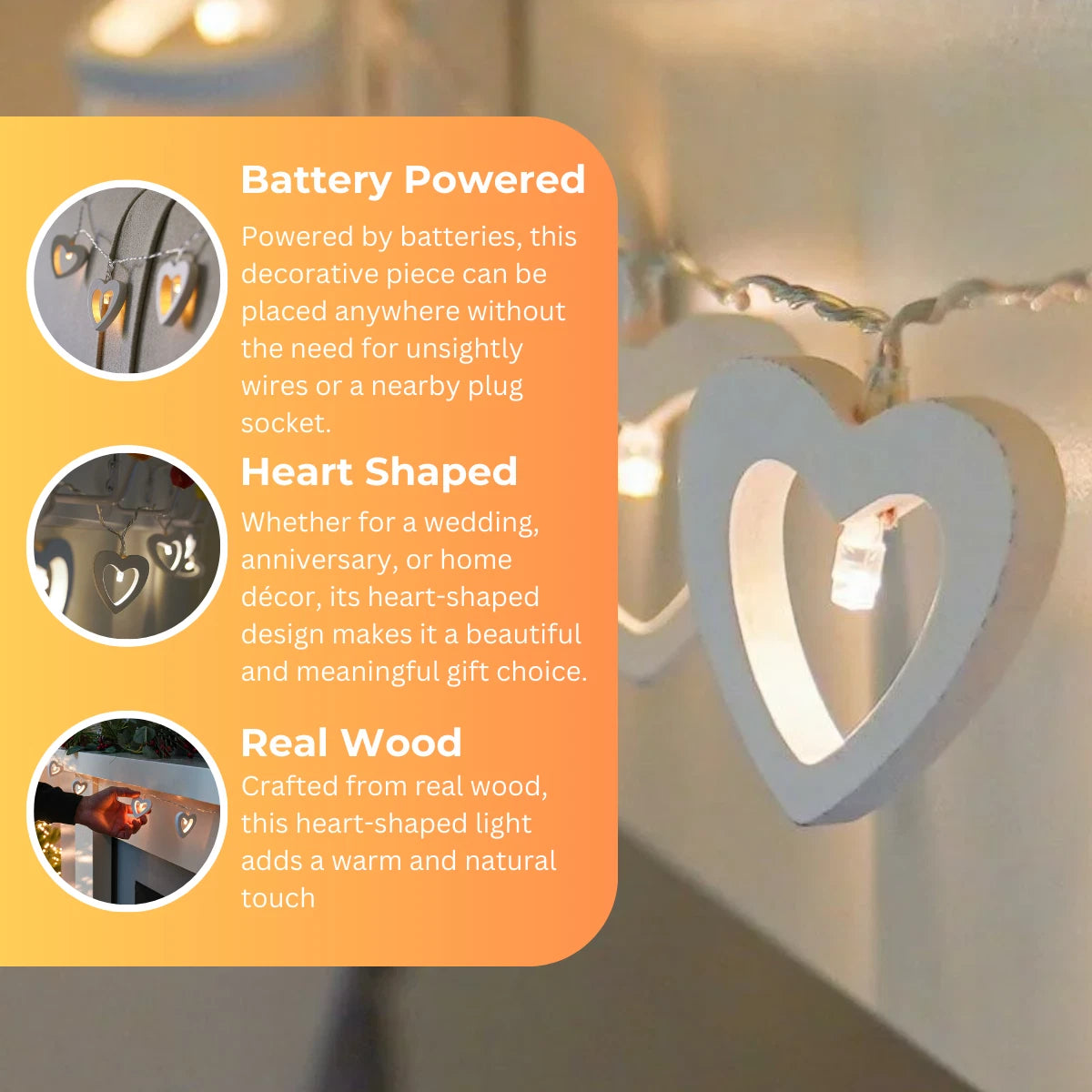 1.5m Battery Wooden Love Heart Warm White LED Indoor Fairy String Wire Lights