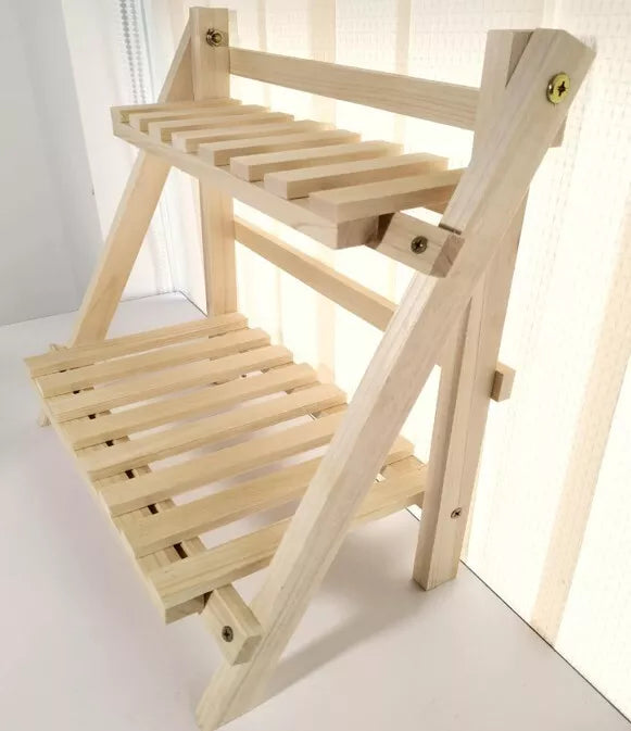 2-Tier Foldable Storage Rack Wooden Ladder Shelf Free-Standing for Home Decor