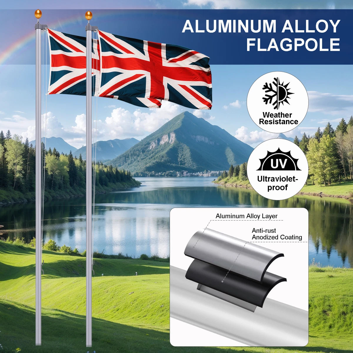 6M/20FT Sectional Flag Pole Kit Aluminum Telescopic Flagpole Yard & Commercial