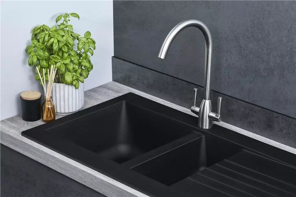 1.5 Bowl Composite Reversible Black Kitchen Sink And Waste Kit