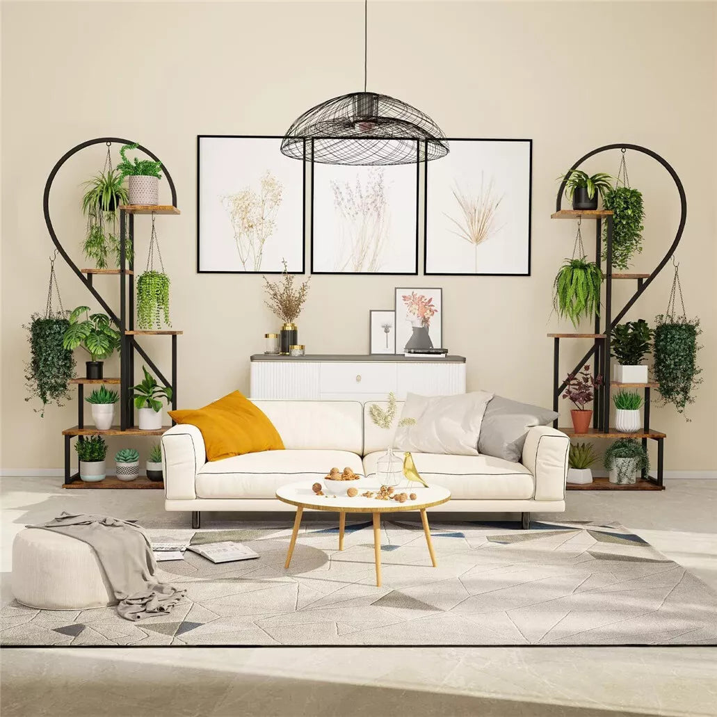 6 Tier Metal Plant Stand Indoor Half Heart Shaped Flower Shelf W/ Hanging Hooks