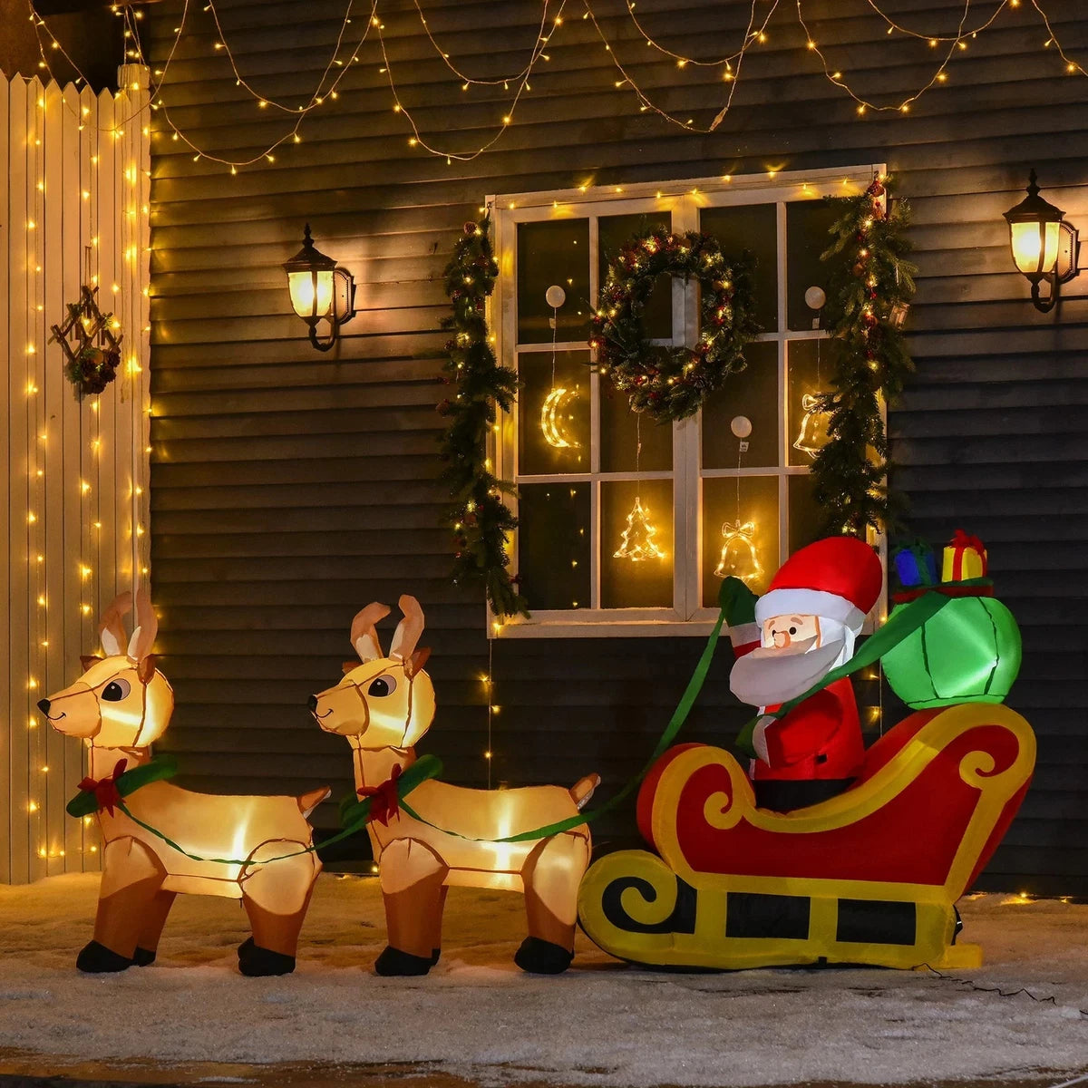 HOMCOM 8ft Christmas Inflatable Santa Claus on Sleigh LED Lighted Decoration