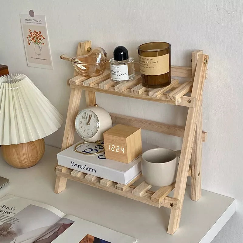 2-Tier Foldable Storage Rack Wooden Ladder Shelf Free-Standing for Home Decor