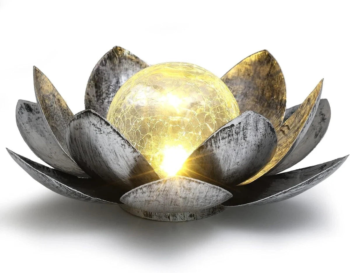 Solar Lotus Flower Light LED Silver Glass Crackle Ball Ornament 28cm