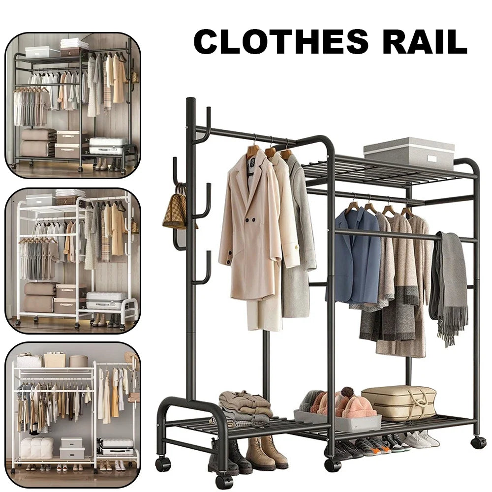 Heavy Duty Double Clothes Rail Rack Garment Hanging Stand Open Wardrobe Shelf UK