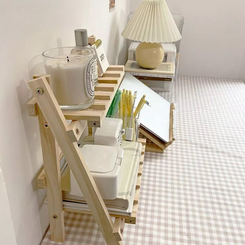 2-Tier Foldable Storage Rack Wooden Ladder Shelf Free-Standing for Home Decor