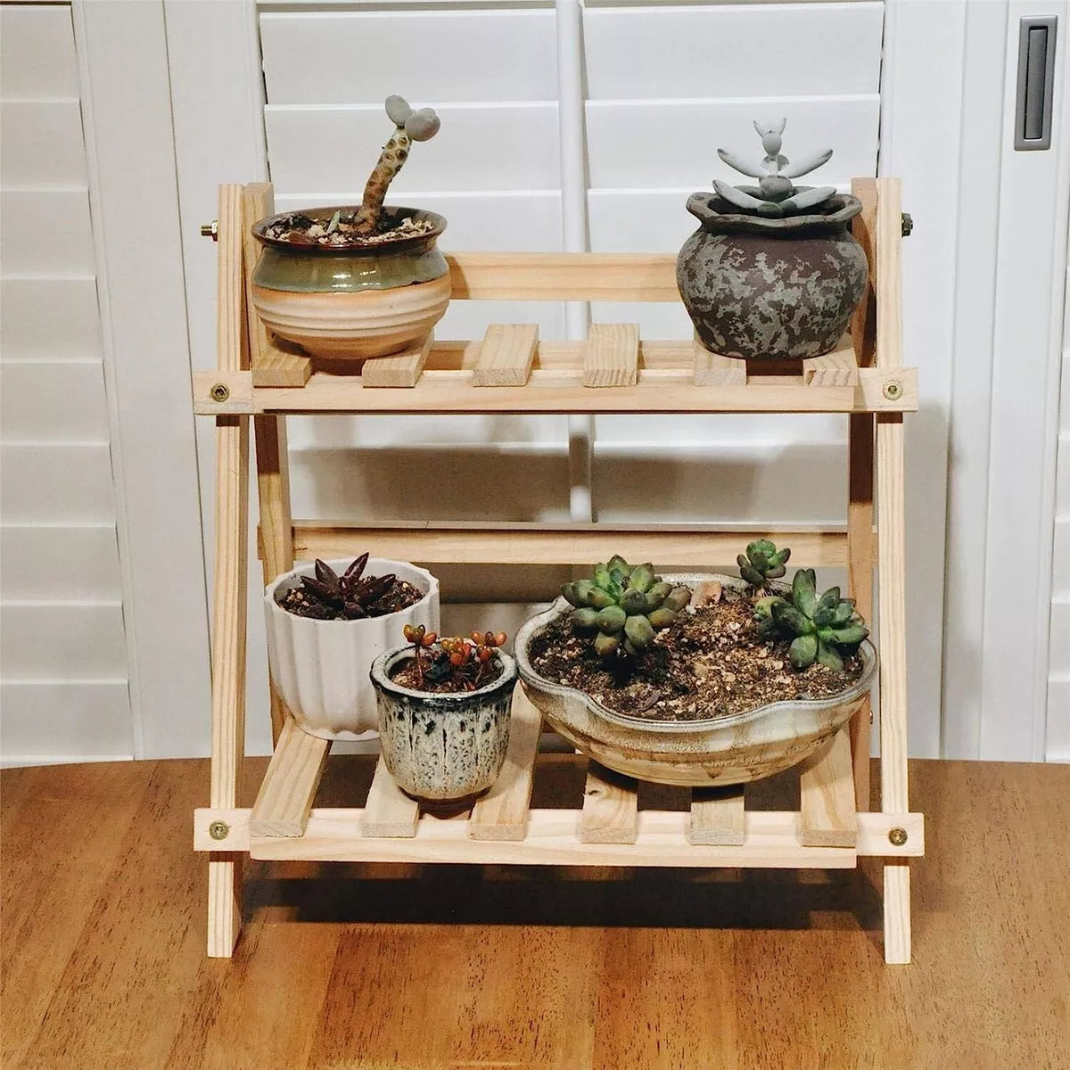 2-Tier Foldable Storage Rack Wooden Ladder Shelf Free-Standing for Home Decor