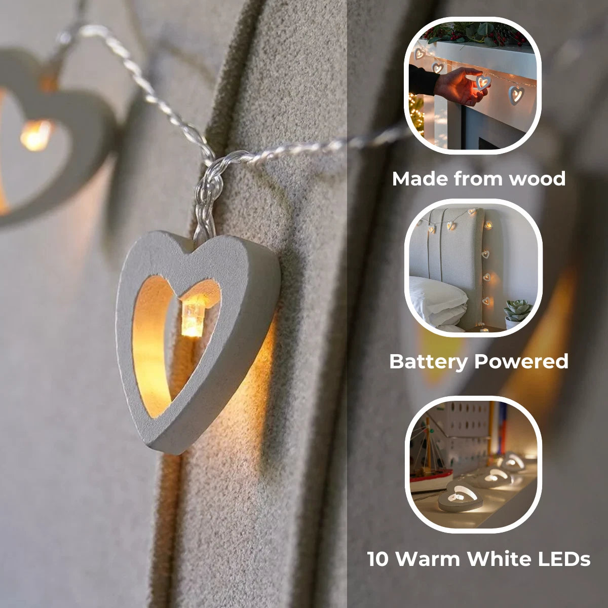 1.5m Battery Wooden Love Heart Warm White LED Indoor Fairy String Wire Lights