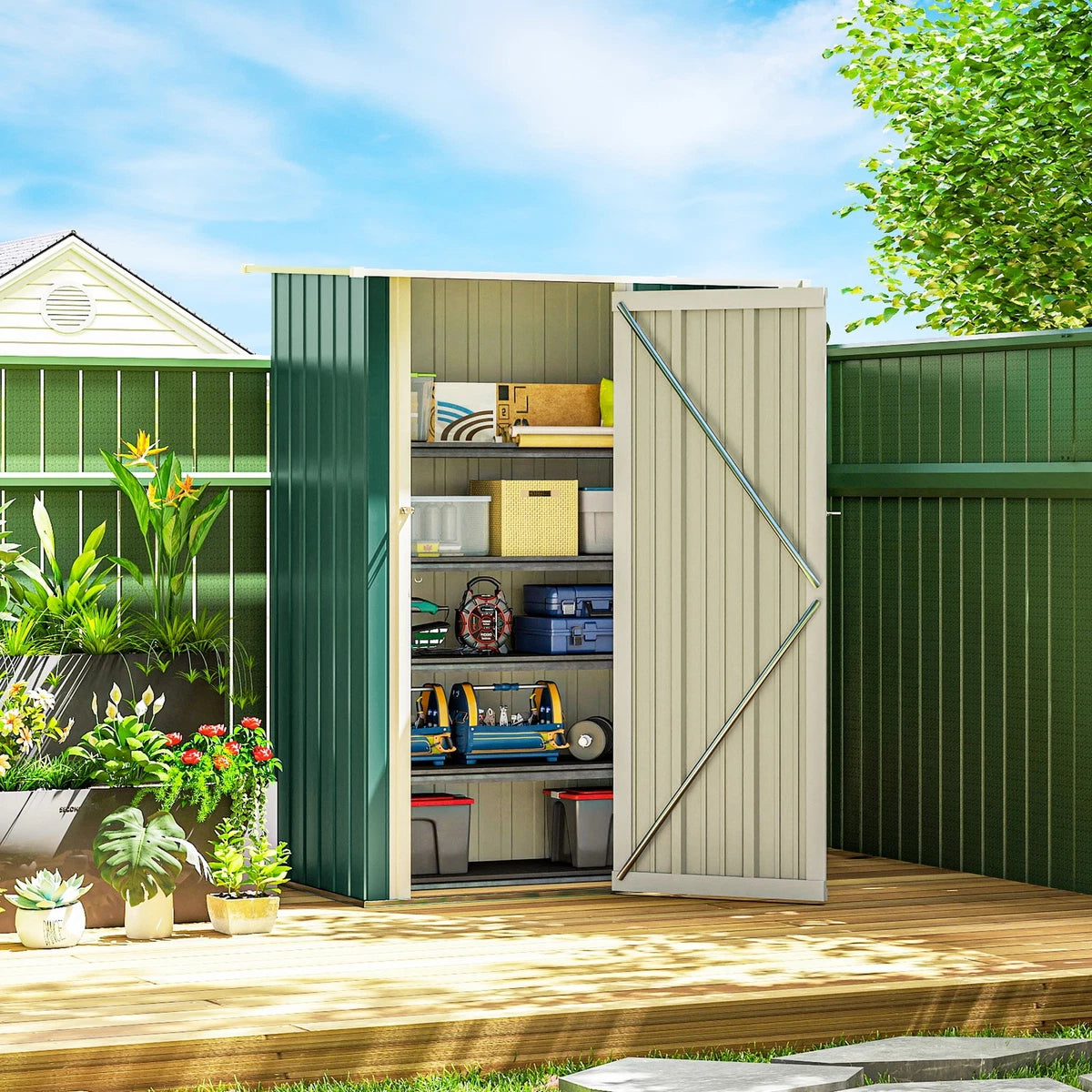 Outdoor Storage Shed Steel Garden Shed w/ Lockable Door Green