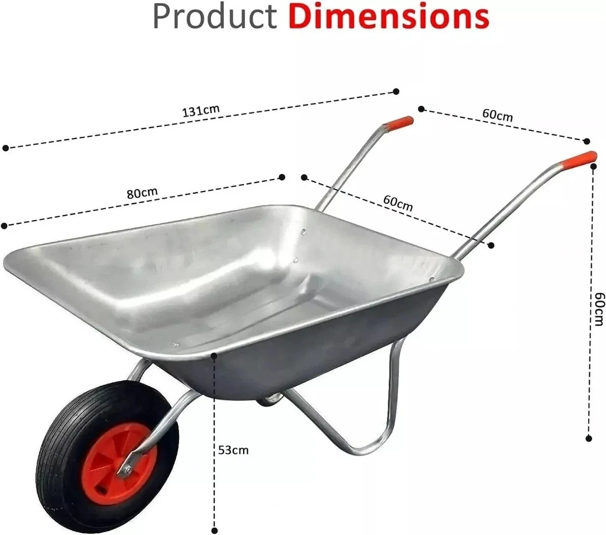 65L Wheelbarrow Heavy Duty Galvanised Home Garden Metal Cart with Pneumatic Tyre