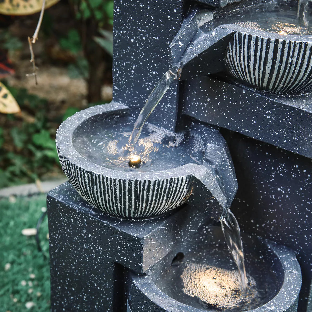 Solar Tiered Water Feature Fountain LED Lights Garden Yard Cascade Statues Pump