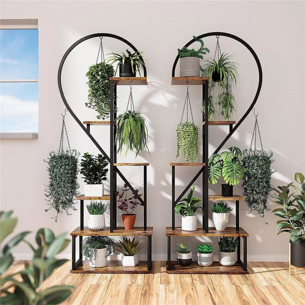 6 Tier Metal Plant Stand Indoor Half Heart Shaped Flower Shelf W/ Hanging Hooks