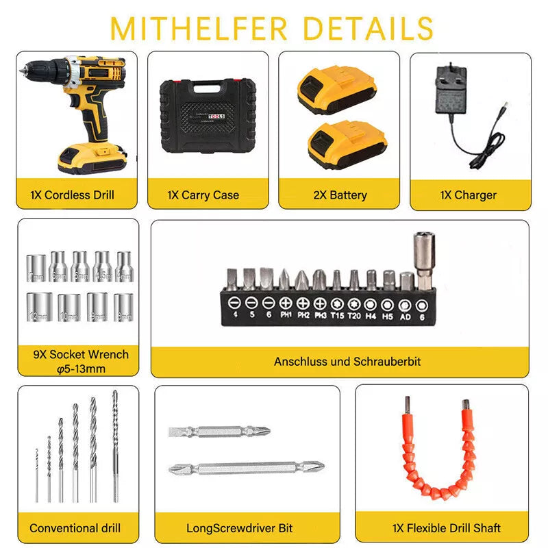 2 Battery 21V Cordless Drill Combi Driver High Power Electric Screwdriver Set UK Royalcart