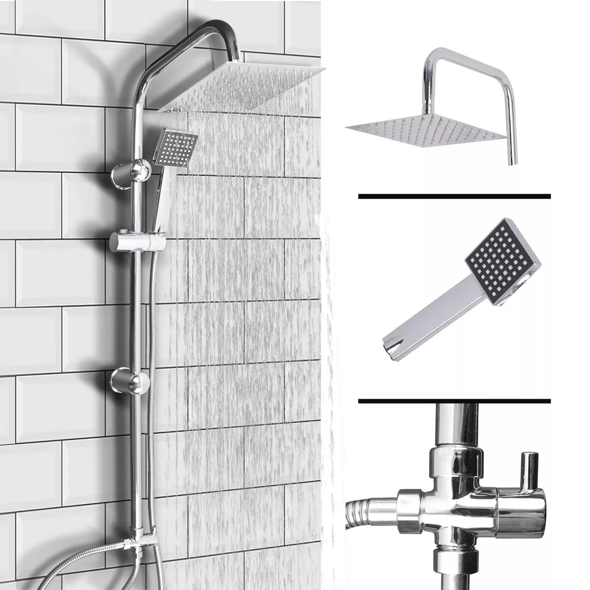 Shower Kit Twin Head 2 Mixer Shower Heads Rail Hose Riser Square Bathroom Set Royalcart