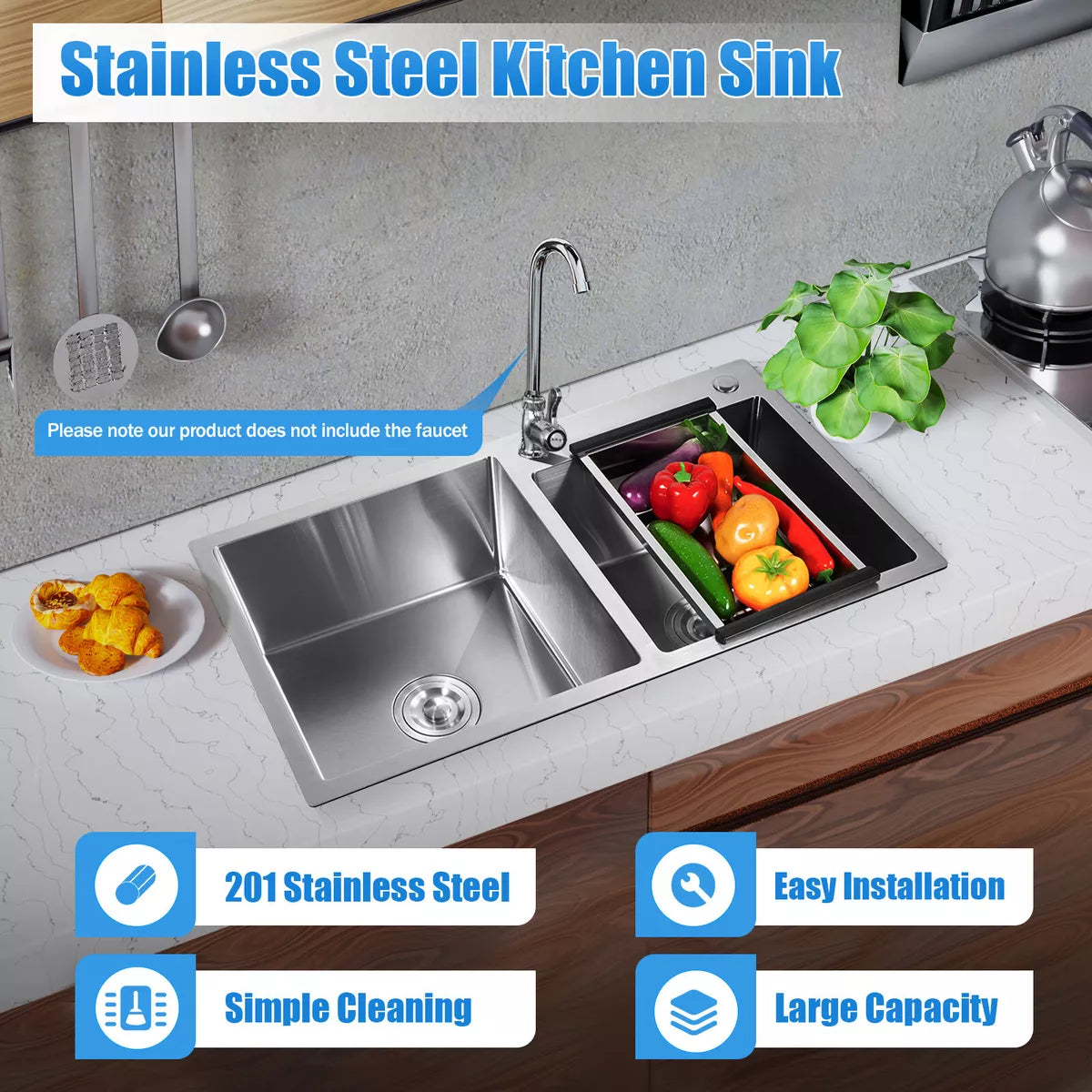Double Bowl Stainless Steel Drop-in Kitchen Sink Dishwasher Vegetable Sink Home Royalcart