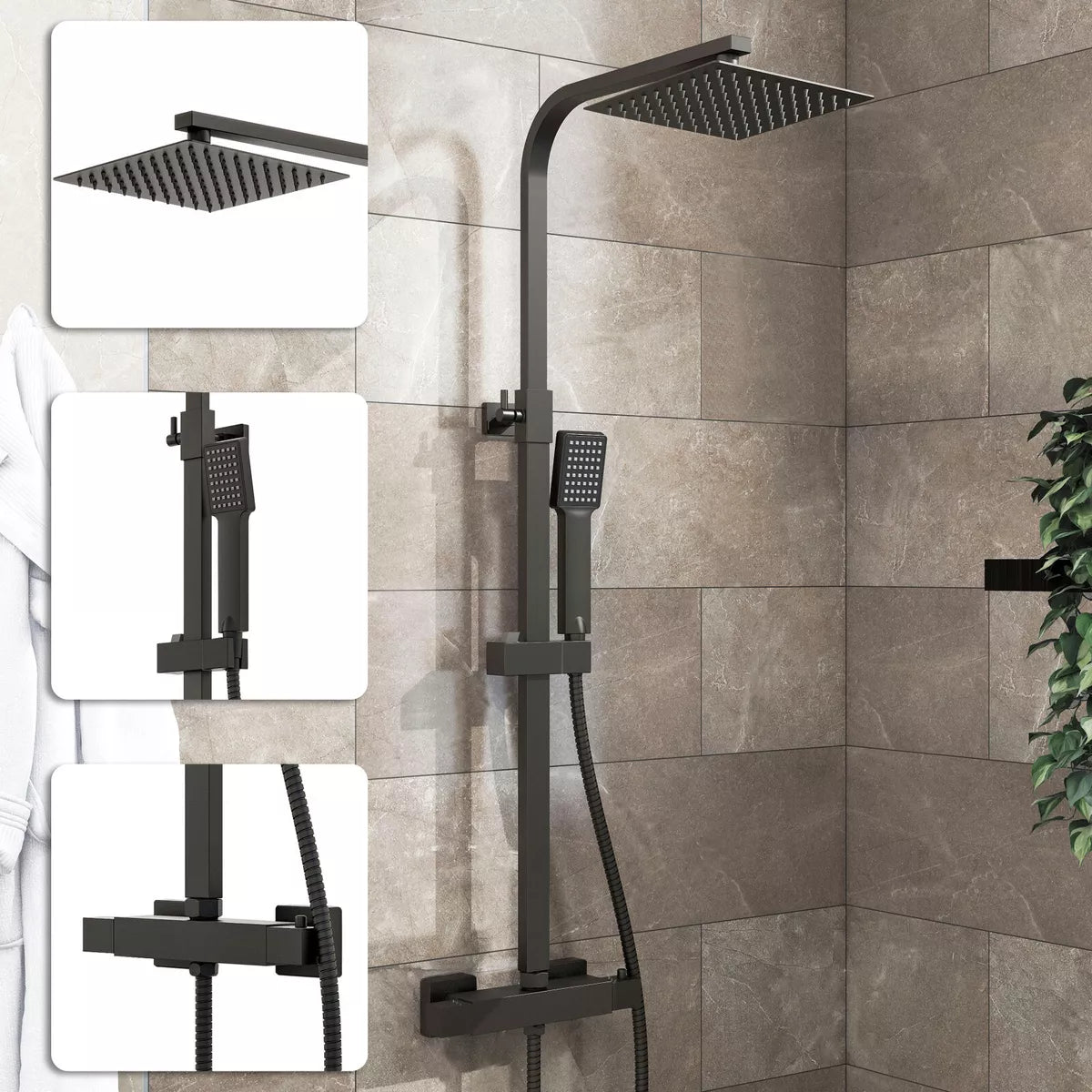 Matte Black Bathroom Exposed Shower Mixer Twin Head Shower Kit Large Square Bar Set Royalcart
