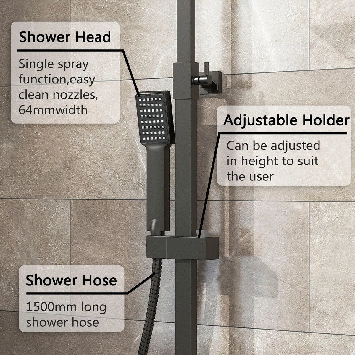 Matte Black Bathroom Exposed Shower Mixer Twin Head Shower Kit Large Square Bar Set Royalcart
