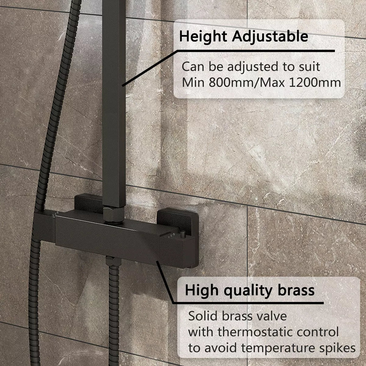 Matte Black Bathroom Exposed Shower Mixer Twin Head Shower Kit Large Square Bar Set Royalcart
