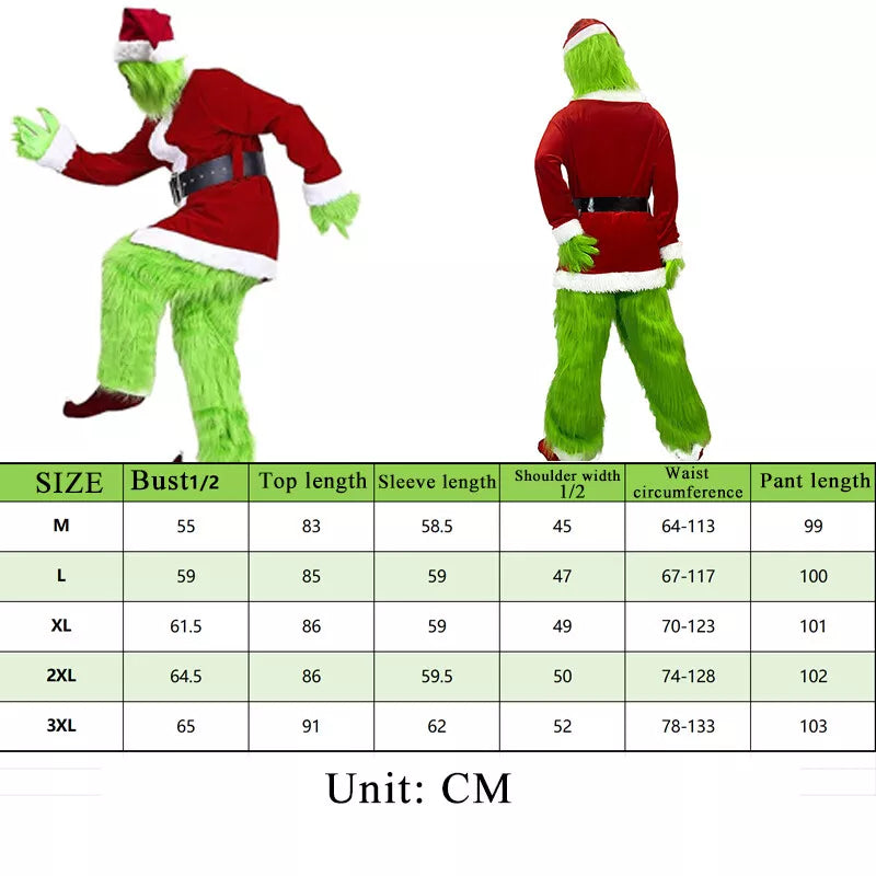 The Grinch Costume Mask Cosplay Adult Christmas Santa Suit Fancy Dress Outfit UK Next Day Delivery
