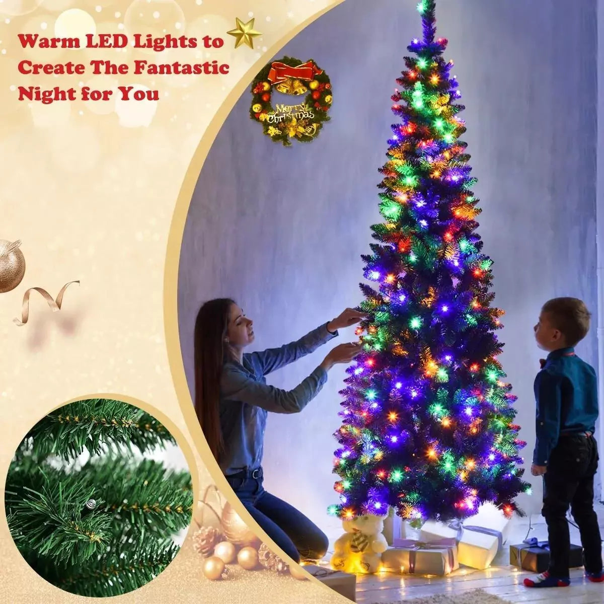 Christmas Tree Pre Lit Slim Pencil Green Artificial Bushy Pine XMAS Decor 4FT