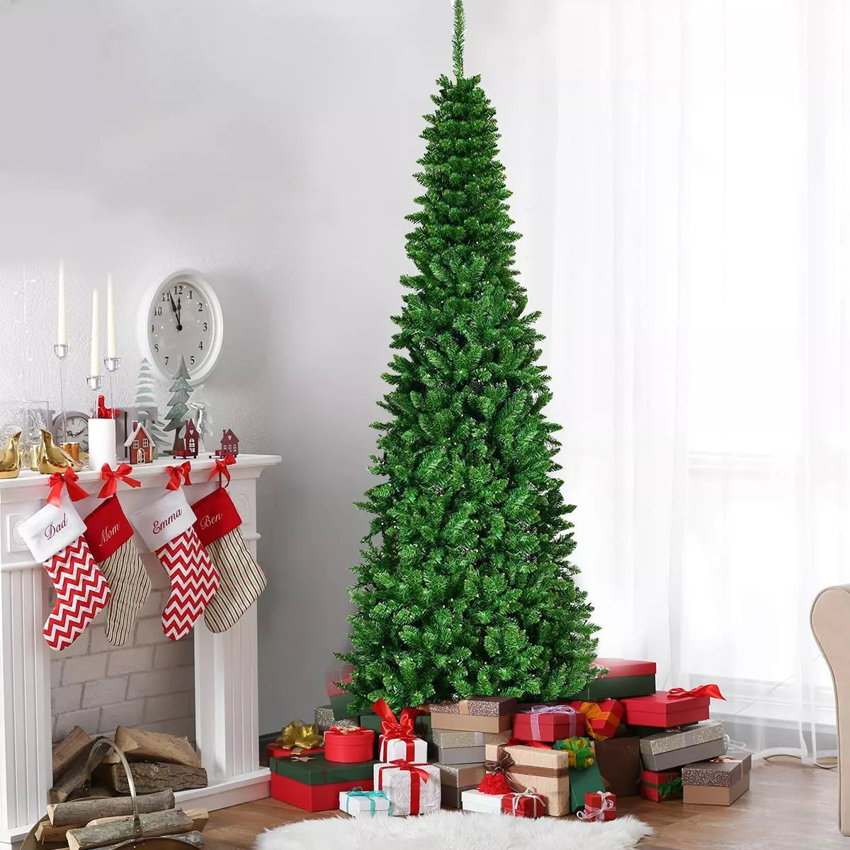 Christmas Tree Pre Lit Slim Pencil Green Artificial Bushy Pine XMAS Decor