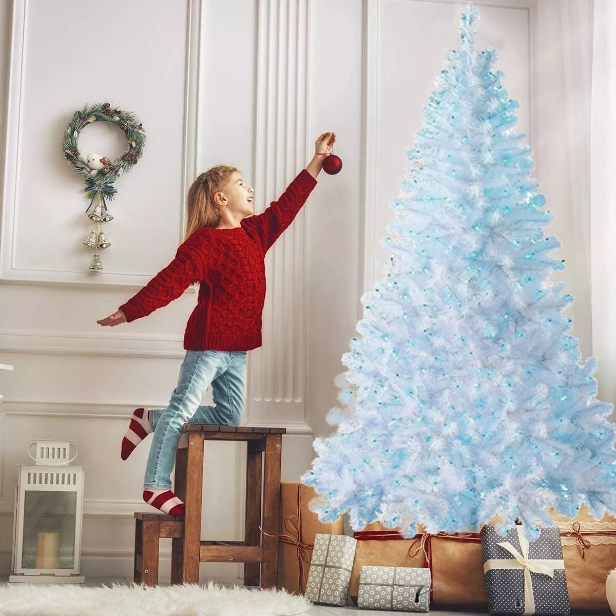 White Christmas Tree with Blue LED Lights Traditional Bushy Pine Xmas Tree Decor