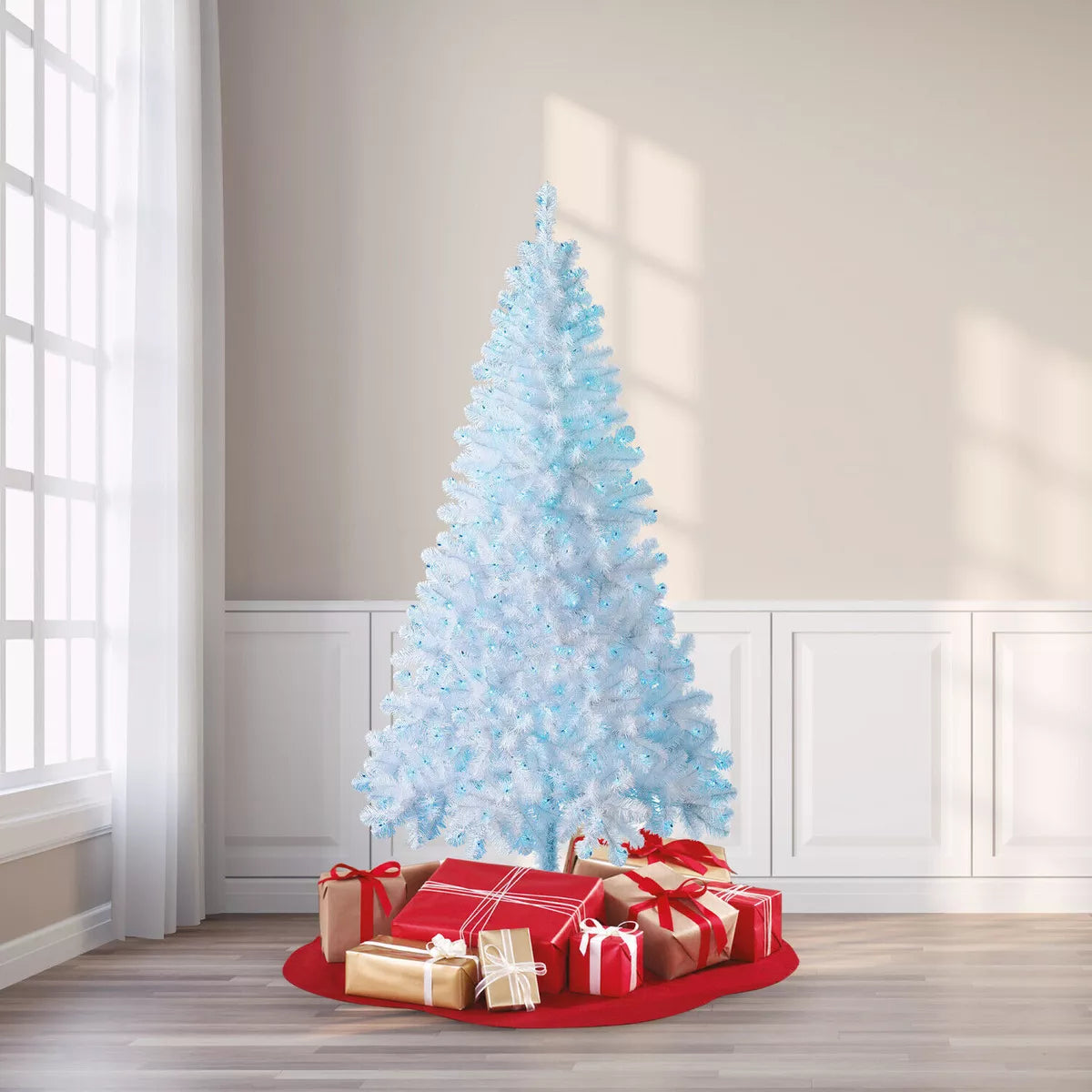 White Christmas Tree with Blue LED Lights Traditional Bushy Pine Xmas Tree Decor