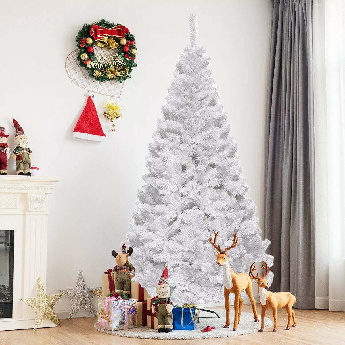 White Christmas Tree with Blue LED Lights Traditional Bushy Pine Xmas Tree Decor