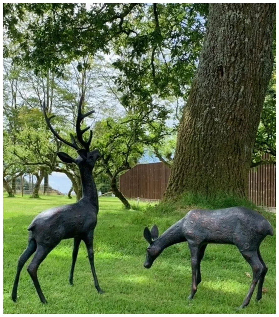 81cm Large Stag and 41cm Doe Deer Garden Sculptures cast Aluminium with aged finish