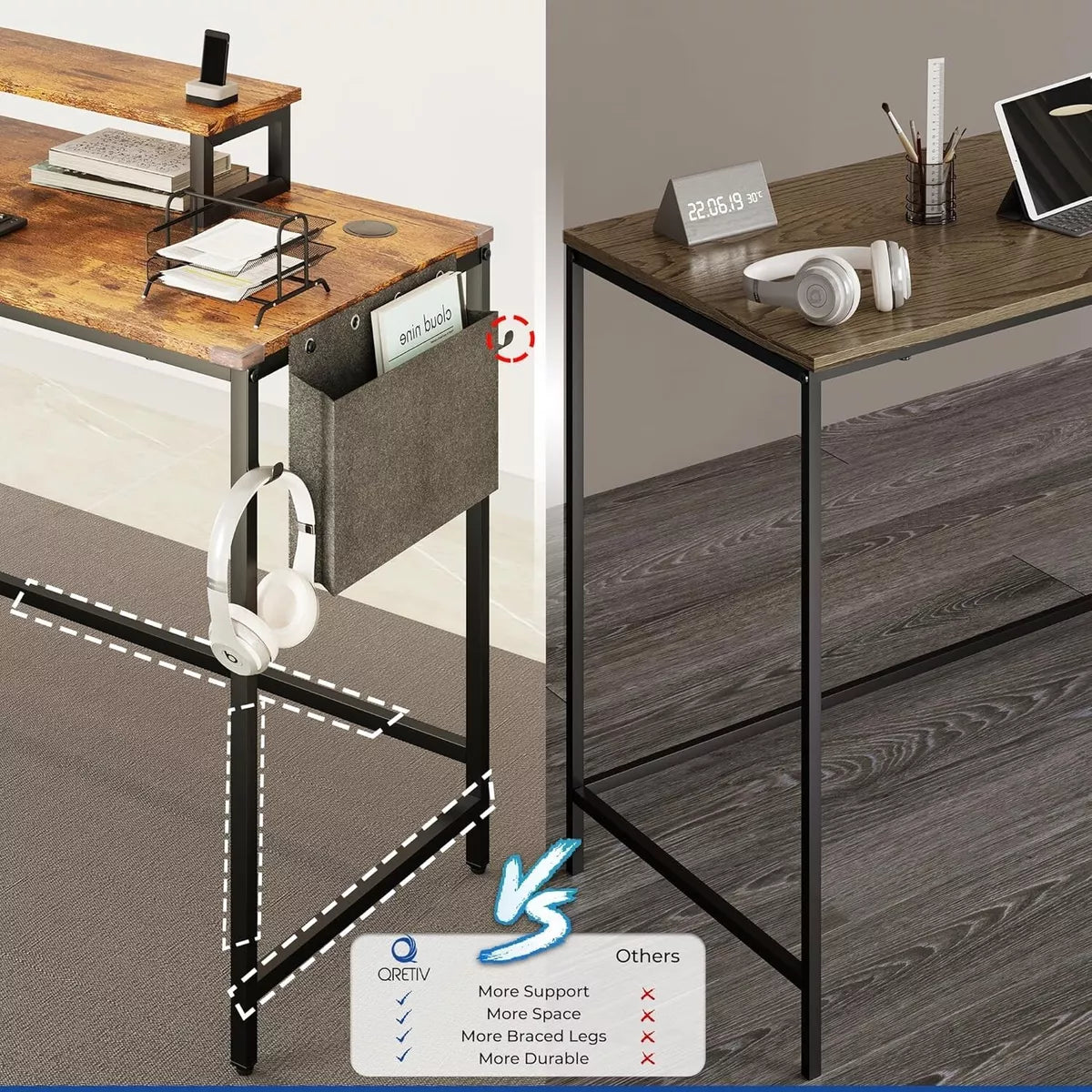 Study Office Computer Desk With Top Table Storage Bag And Hook Rustic Brown