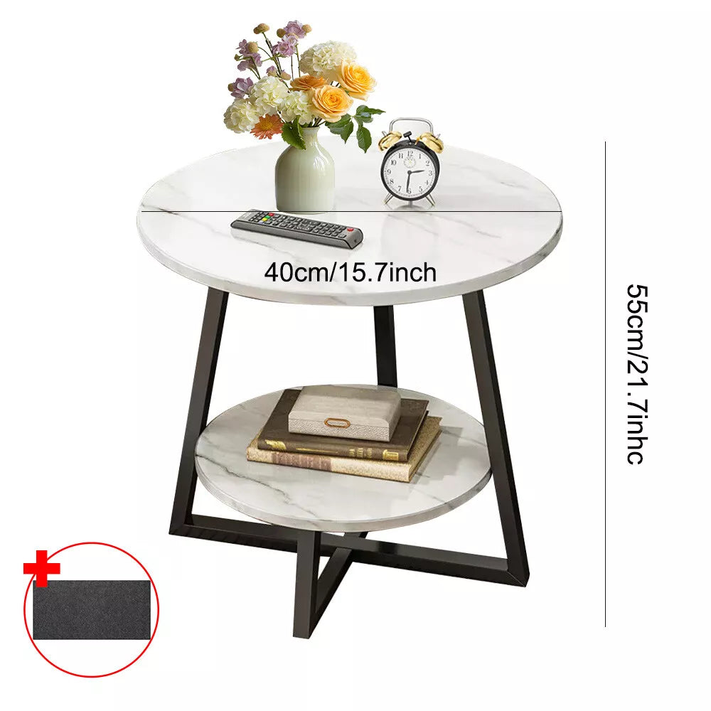 Round 2 Tier Coffee Table Side Table White Marble Effect End Table Living Room